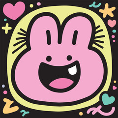 Cute pink cartoon bunny character with a big smile and colorful shapes