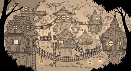 Fototapeta premium Enchanted Treetop Village A Whimsical Architectural Masterpiece