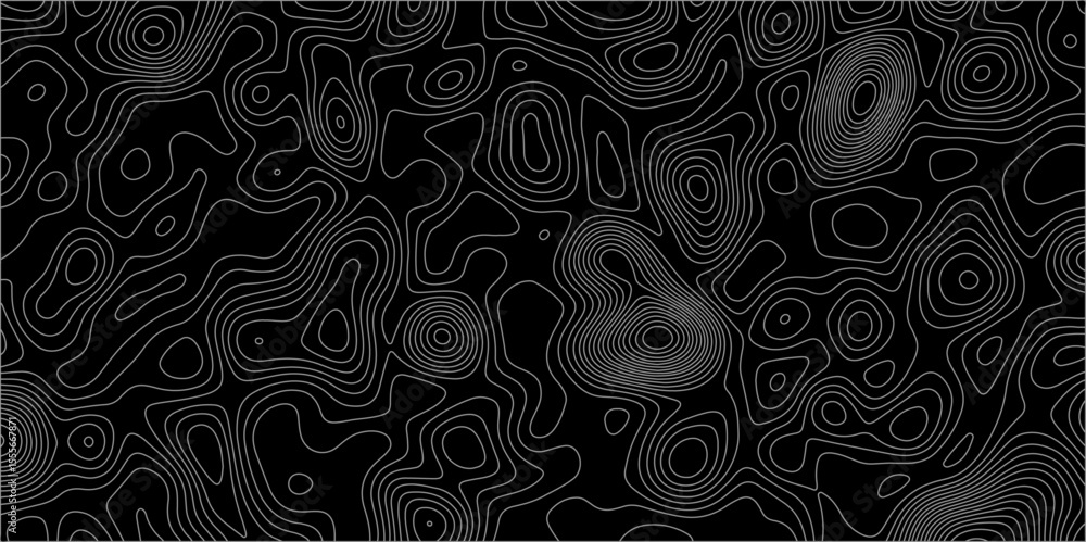 Poster abstract white on black background with topographic line map pattern. abstract wavy and curved lines