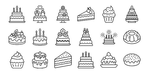 Cake line icon set. Vector pictograms of birthday cakes, wedding, cupcakes, pastry dessert, cheesecake thin linear illustration.