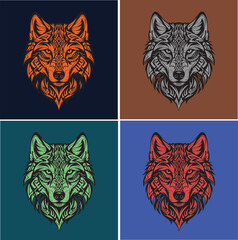 Set of ornamental wolf head illustrations in tribal tattoo style, vector mascot logo design with color variations