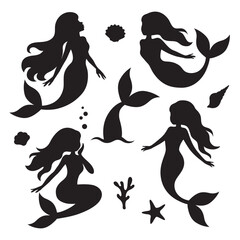 Mermaids, seashells, and mermaid tail silhouette shape vector illustration set.