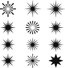 Black Starburst Vector Set Radiating Sunburst and Spark Shapes in Grid Layout for Graphic Design and Decoration