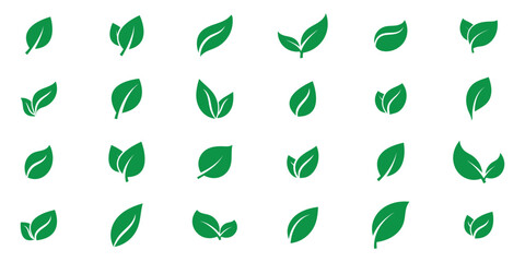 Eco green color leaf vector logo flat icon set. Isolated leaves icons on white background. Set of leaves green leaf nature art illustration. Bio plant and tree floral forest concept design.