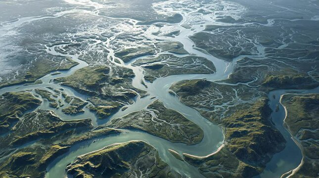 Aerial view of a vast branching river delta with twisting blue channels flowing into the ocean bordered by sand and sparse vegetation in a striking natural landscape scene