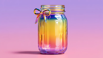A rainbow holographic jar with a small bow sits on a pink background