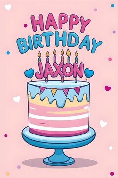 Fun and Bright Birthday Card for Jaxon with Cute Cake Design