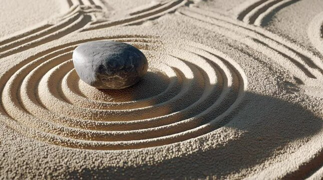 Overhead view of Japanese zen garden featuring a smooth stone at center surrounded by carefully raked sand concentric circles forming a calm textured composition