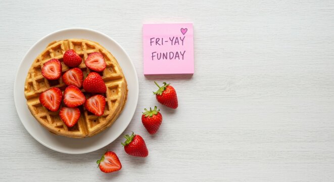 Plate of a waffles dessert topped with fresh strawberries and sticky note &ldquo;Fri-yay Funday&rdquo; in flat lay, for happy friday vibes with a light background for food photography