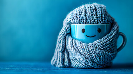 Blue monday concept. Cup of tea with sad smiley face wrapped in a knitted scarf on blue background