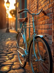Vintage Chrome Bicycle Resting Against Warm Brick Wall at Sunset Hour