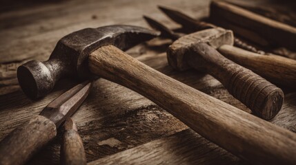 Collection of well-used hand tools on a weathered wooden surface featuring two hammers with worn metal heads and rustic wooden handles, one smooth and one claw-like, 