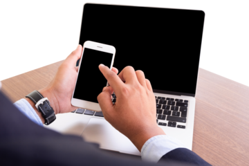 business man using mobile phone and laptop isolated on white