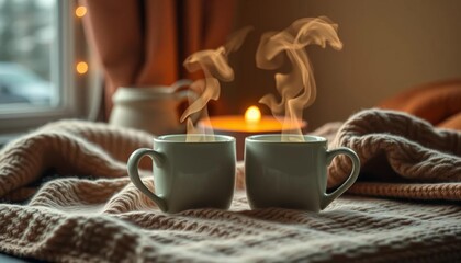 Cozy morning, steaming mugs, intimate setting, domestic, affection