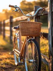 Serene countryside scene featuring a retro bike with basket bathed in golden light
