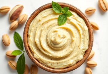 Creamy pistachio paste in a rustic bowl, white backdrop, nut, delicious