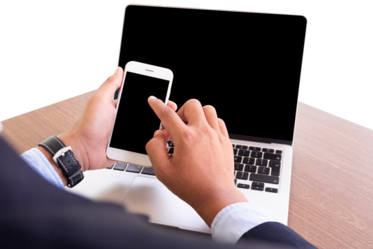 business man using mobile phone and laptop isolated on white