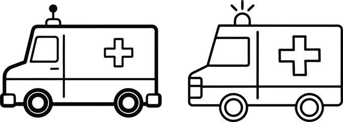 Ambulance Vehicle Outline Icons, Medical Emergency Van Line Art, Healthcare Transport Doodle Set.