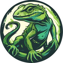 Obraz premium Stylized Green Lizard Illustration in Round Emblem Format
