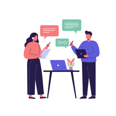 Man and woman having discussion with laptops and speech bubbles