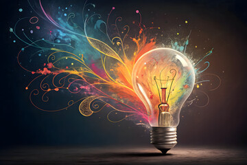 Glowing lightbulb with colorful smoke and paint swirls