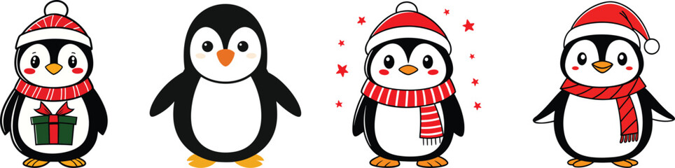 Naklejka premium Cute Christmas Penguin Characters Set, Festive Winter Penguin Cartoon Collection, Holiday Penguin Icons with Accessories