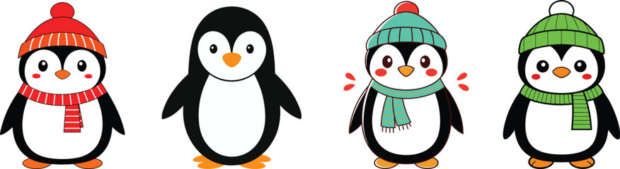 Obraz premium Cute Christmas Penguin Characters Set, Festive Winter Penguin Cartoon Collection, Holiday Penguin Icons with Accessories
