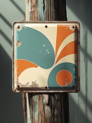 Retro Teal Orange Cream Abstract Sign Weathered Rust Wood Post