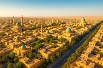 Obraz premium Aerial view of Ar Raqqah city with turquoise domes of mosques shining during sunny day