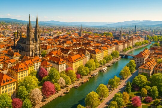 Fribourg Cathedral dominating the cityscape on the Saane river in Switzerland