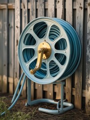 Vibrant Blue Garden Hose Reel Golden Handle Outdoor Utility Against Fence