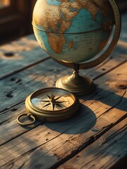 Vintage Globe and Brass Compass on Rustic Wooden Table Bathed in Golden Light