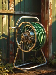 Green garden hose reel gleaming against an old weathered fence in golden sunlight