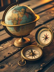 Antique Desk Globe and Ornate Brass Compasses Ready for Global Exploration