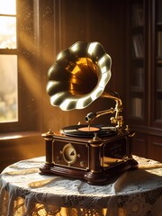 Golden Horn Gramophone Bathed in Warm Sunlight Playing Classic Vinyl Tunes