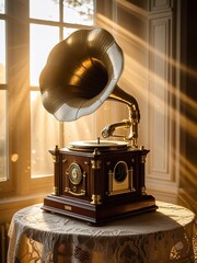 Elegant Vintage Phonograph Horn Gleaming in Sunlit Room with Antique Charm