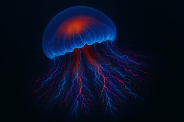 Fototapeta premium Luminous jellyfish floating in the dark deep ocean with colorful tentacles