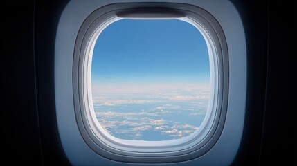 A Captivating View from an Airplane Window Showcasing a Vast Sky and Billowing Clouds During Flight, Offering a Serene Perspective on High Altitudes