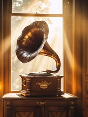 Vintage Gramophone Bathed in Golden Sunlight a Timeless Melody Machine