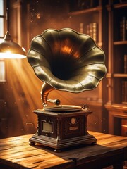 Elegant antique gramophone bathed in golden light a nostalgic journey back