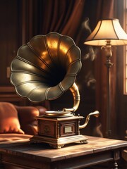 Vintage Gramophone in Classic Room Capturing Golden Era Music Nostalgia