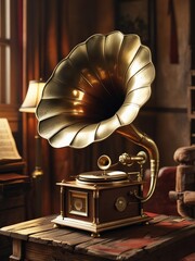 Antique Gramophone Radiating Nostalgia in a Warm Lit Interior Setting