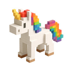 Obraz premium A charming pixel art unicorn with a white body and a vibrant rainbow mane and tail. Ideal for fantasy, gaming, or children themed designs.