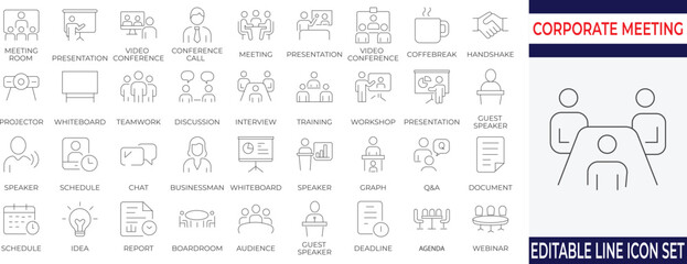 Essential line icons for corporate meetings, presentations, webinars, and business discussions. Perfect for slides, apps, and infographics to visually enhance professional content.