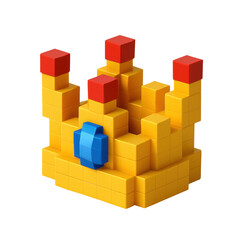 A colorful voxel style golden crown featuring red and blue jewels, ideal for game design, digital awards, or royal symbolism.