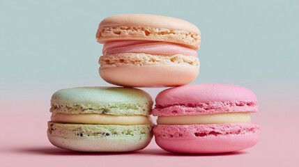 Stack of Assorted French Macarons on Pink Background &ndash; Colorful Dessert with Lavender Accent