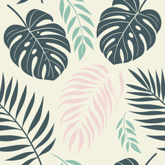 Tropical monstera and palm leaves seamless pattern in teal pink and cream