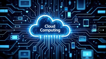 Cloud computing concept with glowing cloud and devices
