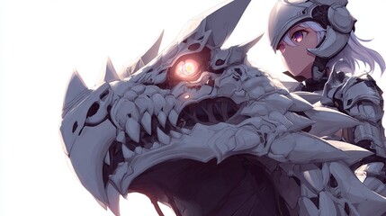 Armored girl rides bone dragon, eye glows, white aesthetic, anime-style fantasy