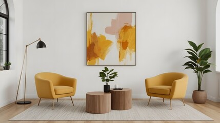 Modern minimalist living room interior: mustard armchairs, abstract art, wooden coffee table, and natural decor.